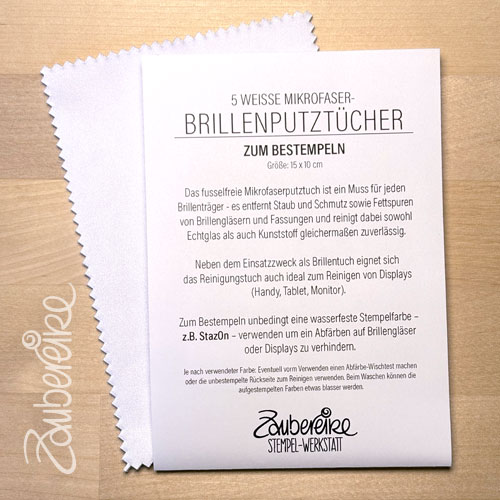 Packungsinhalt mit Beschreibung zu 5 weiße Mikrofaser-Brillenputztücher