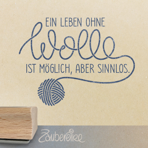 Textstempel bei dem das Wort "Wolle" in einem Wollknäuel endet
